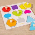 Wooden peg puzzle with nine colorful geometric shapes and English names for early learning - Shapes Square Peg Puzzle