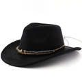Cappello da cowboy bohémien in camoscio nero con perline etniche e catena in metallo - M (56-58cm) / Nero