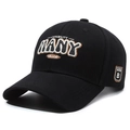 Black cotton baseball cap with 3D embroidery and side badge shown on white background - Adjustable / Black