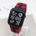 Digital sport watch with square black LED screen and red blue striped nylon strap - Royal Blue + Red Patchwork