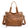 Retro vintage dark brown washed leather large capacity tote bag with rivets - Brown Style 2