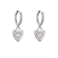 Detailed view of silver heart drop earrings with micro-pave cubic zirconia settings - Silver Heart