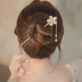 French vintage hair pin featuring opal flower with pearl charms for elegant hairstyles - F0652 Flower