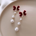 Élégantes boucles d'oreilles nœud velours rouge avec chaîne or et perles dégradées - Style Pendant Perle Nœud Or Rouge avec Tige en Argent (78#)