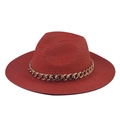 Detail of terracotta straw fedora featuring a shiny gold chain trim decoration - Adult 57-60cm / Red