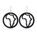 Close-up of black cutout wooden earrings featuring a detailed African map silhouette - Style 10 (African Map Ring)