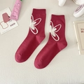 Deep red mid-calf cotton socks featuring white tulip patterns and ribbed cuffs - One Size / Rose Red Big Flower