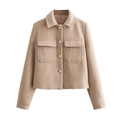 Women's casual beige short wool coat with turn-down collar and metal buttons - XS / Khaki