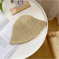 Beige woven straw sun hat for women featuring a foldable bell shape and lace bow - M / Flat Stitch Small Bucket Hat-Beige