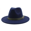 Cappello fedora classico in lana blu navy con nastro intrecciato verde e fibbia argento - M (56-58cm) / Blu navy