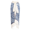 Blue botanical print chiffon beach sarong with elegant cream waist tie and purple trim - Single Sarong Skirt