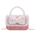 Sac bandoulière enfant en tweed rose avec poignée en perles et nœud décoratif - Perle Rouge