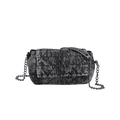 Dark washed denim flap shoulder bag with quilted stitching and a metal chain strap, front view - Black