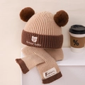 Winter knit baby hat and scarf set in beige and brown with cute bear embroidery - Children 3-8 Years Stretch / Khaki
