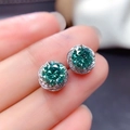 Floral S925 silver stud earrings featuring a green moissanite center and zircon halo - Floral Blue-green Earrings Led-153