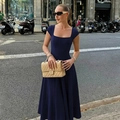 Detailed view of French style navy blue square neck dress with lace-up back design - S / Navy Blue