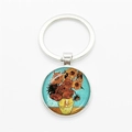 Van Gogh Sunflowers art glass cabochon keychain in round metal setting on white background - Silver-Sunflowers Vincent