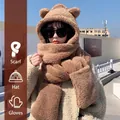 Winter plush hood scarf and gloves set in brown with cute bear ears for wind protection - Bear 3-Piece Set / Brown