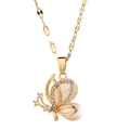 Golden butterfly necklace with cat eye stone pendant and white zircon accents - 9058 Gold Cat Eye Butterfly