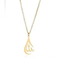 Macro detail of gold waterdrop hollow pendant with Arabic calligraphy on link chain - Gold Hollow Teardrop Allah
