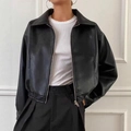 Short vintage black faux leather jacket with zip closure and lapel collar for women - S / Black