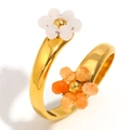 18K gold plated adjustable open ring with handcrafted white and orange beaded flowers - Gold-Orange