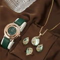 Elegant women's gold quartz watch with green leather strap and matching jewelry gift set - Green Set (DG034)