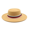 Detailed top view of khaki wool felt fedora with a patterned geometric decorative band - Camel