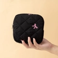 Quilted black sanitary pad storage bag with pink bow embroidery and zipper closure - 12.5*5*12.5cm / Black