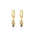 Golden doll earrings with white zircon head and blue gemstone body on lever back - White Gemstone Doll (Style 18)