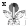 Piercing labbro a farfalla in titanio G23 con zircone chiaro e filettatura interna - Colore Acciaio-Farfalla Grande / 1.2x8mm