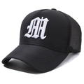 Classic black mesh trucker hat featuring white gothic embroidered letter M design - N Mark Style (K-91) / Letter M Black with White Embroidery