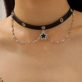 Black leather punk choker with silver eyelets and rhinestone star pendant detail - Eyelet Pentagram Style (6357) / Black Silver