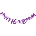 Glittery purple Happy 16th Birthday banner with sparkling sequins for party decor - 16th Birthday Glitter Style / Purple