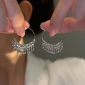Silver fringe hoop earrings with shimmering tassels and premium rhinestone inlay finish - Silver Tassel Hoop Ear Cuff Style (A1870)