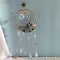 Golden crescent moon suncatcher with purple crystals and sparkling rainbow prism balls - M10-Fluorite