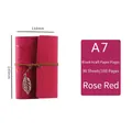 A7 rose red leather vintage leaf notebook with blank kraft paper and metallic pendant - Rose Red