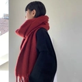 Deep red mohair tassel scarf, large soft warm winter shawl for women in solid color - Burgundy