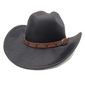 Detail of black western cowboy hat featuring a brown leather band with bull skull pattern - M(56-58cm) / Striped Black