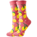 Pink mid-calf socks with vibrant lemon and leaf pattern made of soft comfortable cotton - Size 35-42 / Pink Lemon