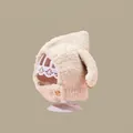 Detailed texture of cozy beige fleece kids winter hat with a decorative wood button - Beige Pointed Hat With Long Ears (for Children Aged 2 Months To 2 Years)