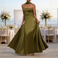 Elegant olive green satin strapless evening dress with matching neck scarf detail - S / Green