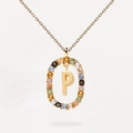 Gold plated S925 silver necklace with oval pendant and colorful gems letter P - 925 Silver / Letter P (Gold)