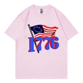 Pink crew neck t-shirt featuring 1776 3D print and vintage American flag graphics - Pink 317