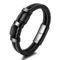 Pulsera de cuero trenzado negro para hombre con cierre magnético de acero negro - Negro