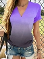 Camiseta de mujer con cuello en V y manga corta con estampado degradado morado casual - S / Tops / Púrpura