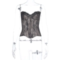 Detail of black lace corset top with floral embroidery and structured boning support - XS / Black