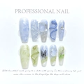 Handmade blue snake press-on nails with bamboo leaf pattern and 3D marble textures - Small (S) / 1185-ancient Style Blue Snake