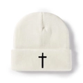 Bonnet en tricot blanc d'hiver avec broderie croix noire pour hommes et femmes - Blanc