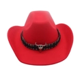 Classic red wool felt western cowboy hat with ethnic band and silver bull skull buckle - One Size / Red